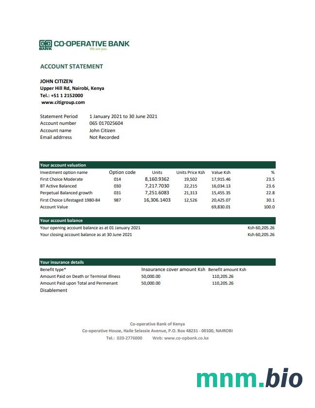 Kenia Spółdzielczy wyciąg z rachunku bankowego Word i PDF szablon, 2 strony